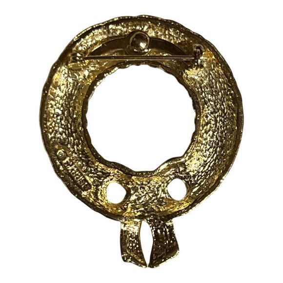 Festive Wreath Bow Brooch Christmas Jewelry Accessory Goldtone Red Green vintage - Picture 3 of 6